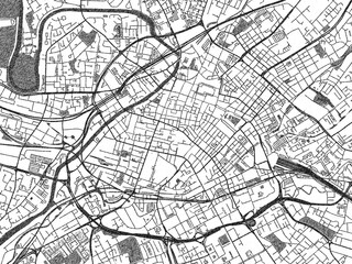 Illustrated map of Manchester Center, United Kingdom, in black and white hand-drawn digital style.