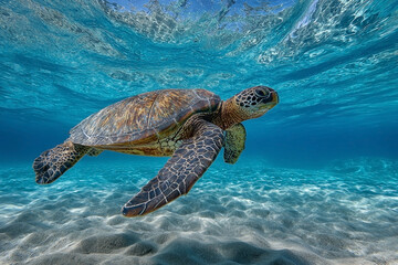 Fototapeta premium Graceful sea turtle gliding effortlessly through crystalline turquoise waters