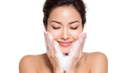 Woman indulging in luxurious face cleansing with abundant soap lather for radiant skin