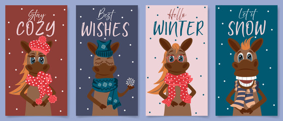Fototapeta premium Hello Winter vertical designs set with cute horses. Funny animals. Holiday childish template collection for greeting cards, posters and banners. Vector illustration