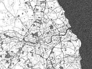 Stylized black and white urban map of Newcastle Metro, United Kingdom, hand-drawn for decor and creative use.