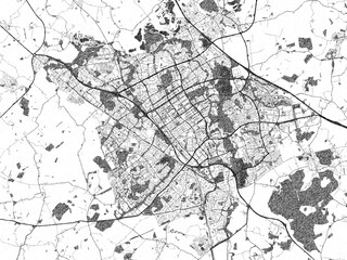Detailed artistic sketch map of Milton Keynes, United Kingdom, in monochrome black and white.