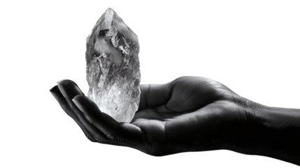 Hand holding quartz crystal isolated on transparent background