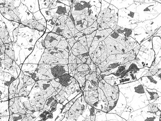 Artistic urban sketch of Nottingham, United Kingdom, detailed in black and white map form.