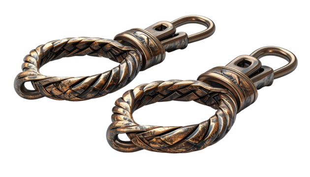 Two bronze-colored key rings with braided designs