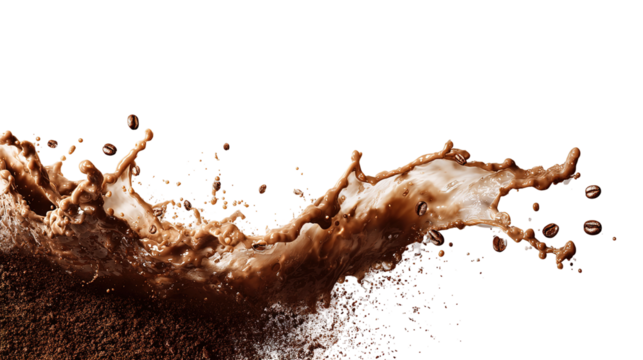 Coffee beans and splash of drink on brown gradient background