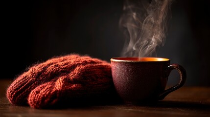 Warm beverage steaming beside knit hat