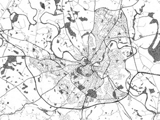 Hand-drawn style black and white city map of Shrewsbury, United Kingdom, with detailed streets and textures.