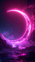 Neon pink crescent moon over a vibrant landscape