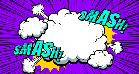 Blank comic cloud background in purple pop art background with smash text