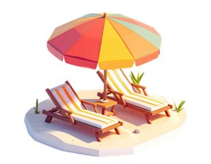 Colorful beach scene with umbrella and sun loungers