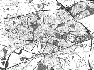 Poster-ready black and white illustration map of Warrington, United Kingdom, detailed and artistic.