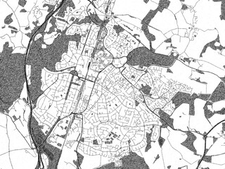 Stylized decorative city map of Welwyn Garden City, United Kingdom, hand-drawn in black and white.