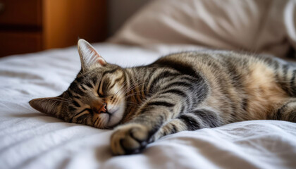 A cat is sleeping on a bed