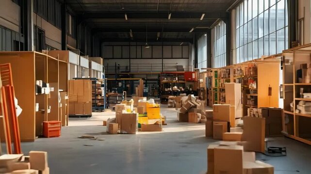 A cluttered warehouse interior with tall shelves on both sides and scattered cardboard boxes and packing materials across the floor.