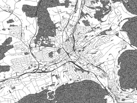 Illustrated city map of Aalen, Germany, in black and white, showing roads and textures.
