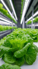 Fresh green lettuce growing under LED lights in an indoor vertical farm. 
