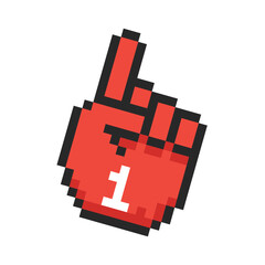 Pixel fan hand, Foam fan finger hand with number one. Pixel fan arm glove with finger up, support for the team in the sports championship.