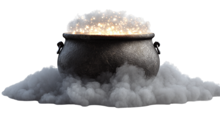 Bubbling cauldron with magical sparks isolated on transparent background