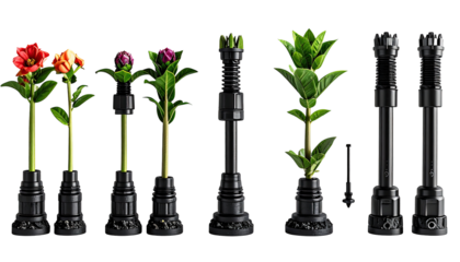 Colorful flowers in dark planters