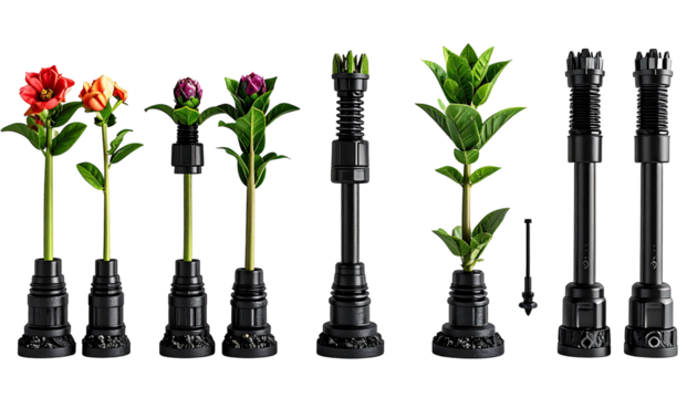 Colorful flowers in dark planters