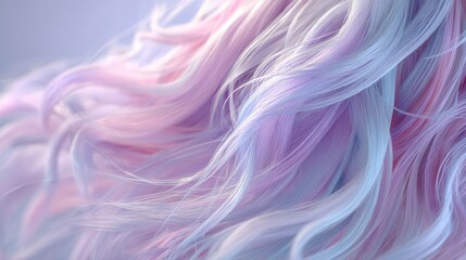 A close-up of soft, pastel-colored hair with flowing strands, showcasing a blend of pink and blue hues in a dreamy, ethereal style.