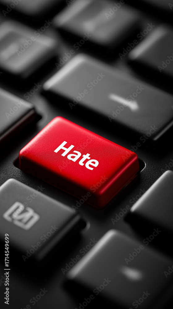 Poster close-up of a black computer keyboard with a red hate key.