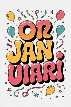 Festive January Greeting with Cartoon Balloons and Confetti