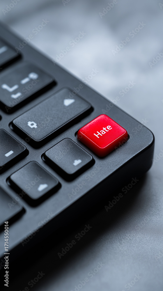 Poster close-up of a black computer keyboard with a red hate key.