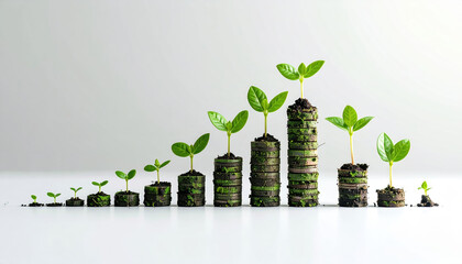 Young green plant growing on stacked coins symbolizing financial growth and investment with natural light background, inspiring hope and sustainability in economy