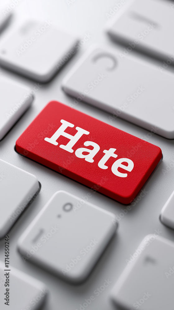 Poster white keyboard with a large red hate key symbolizing online negativity.