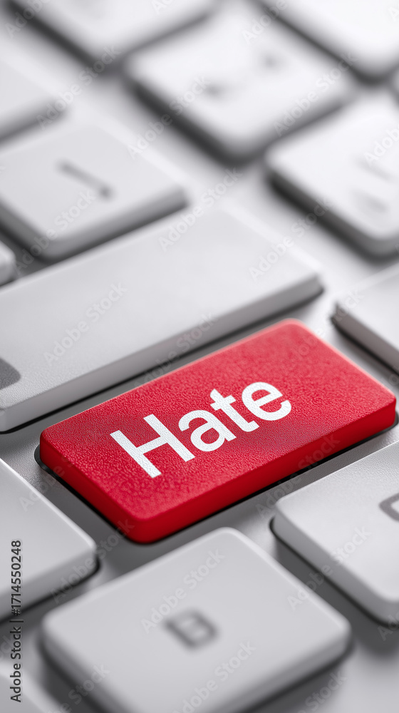 Poster white keyboard with a large red hate key symbolizing online negativity.