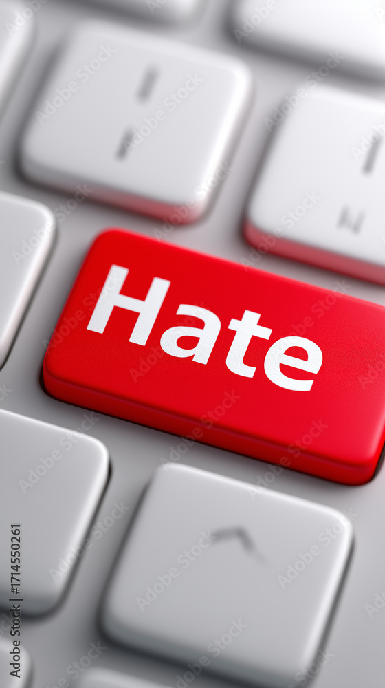 Poster white keyboard with a large red hate key symbolizing online negativity.