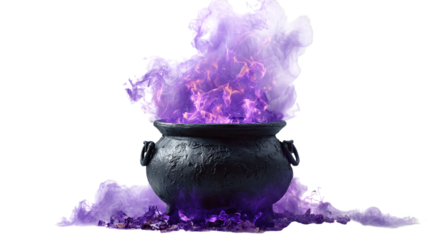 bubbling cauldron with purple potion isolated on transparent background