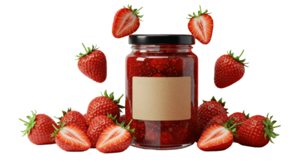 Transparent jar of glistening red strawberry jam, fresh whole/halved strawberries, blank kraft label, black lid, vibrant red and white studio background with copy space, premium food concept.