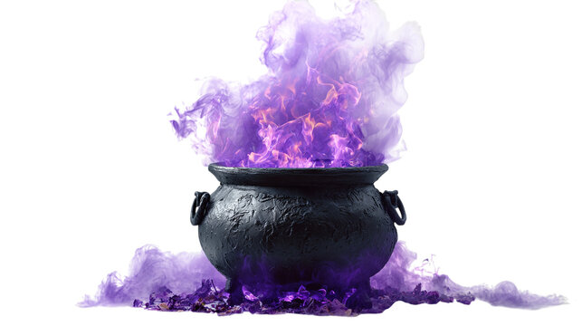 bubbling cauldron with purple potion isolated on transparent background