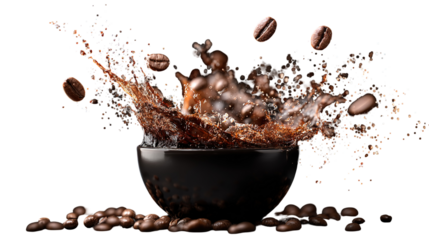 Coffee beans and splash of drink on brown gradient background