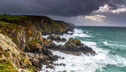 Rocky coastline with crashing waves under dark stormy clouds, showcasing dramatic cliffs and turbulent sea with moody atmosphere and natural rugged beauty