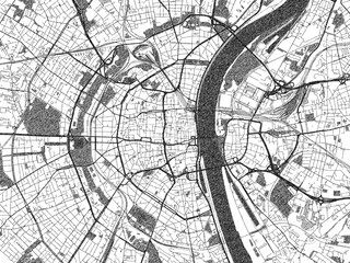 Fototapeta premium Black and white illustrated map of Koln, Germany, with streets, rivers, and neighborhoods.