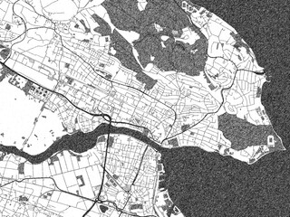 Stylized decorative city map of Konstanz, Germany, hand-drawn in black and white.