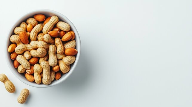 Top view of a white ceramic bowl filled with peanuts in shells on a clean white background for healthy snack and food concept.