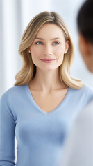 Obraz premium Smiling blonde woman in blue shirt in bright healthcare setting, symbolizing wellness, trust and supportive medical environment with clean copy space.
