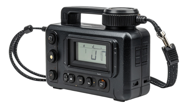 Compact black digital device with controls and display - Powered by Adobe