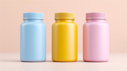 Plastic bottles for vitamins and supplements arranged on pastel background, symbolizing packaging, wellness industry and pharmaceutical product concept with copy space.