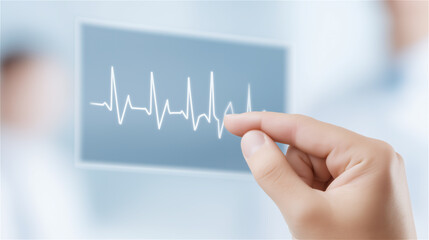 Hand holding cardiogram paper with heartbeat line, symbolizing diagnostics, cardiology, healthcare technology and medical precision with clinical copy space.