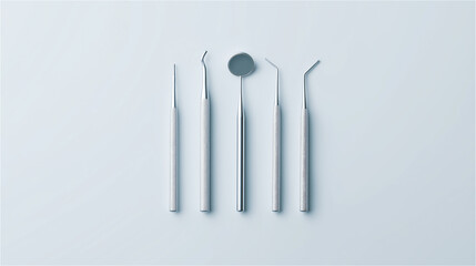 Dental instruments arranged on white surface, symbolizing dentistry, oral care, hygiene and professional medical treatment with sterile copy space.