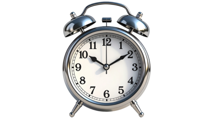 A chrome alarm clock, time displayed