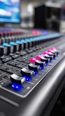 Colorful sound mixing console with illuminated buttons and sliders. 
