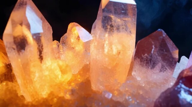 Glowing cluster of citrine and amethyst crystals on rock.