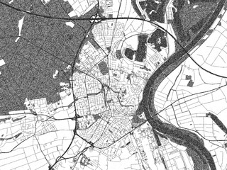 Naklejka premium Black and white illustrated map of Speyer, Germany, with streets, rivers, and neighborhoods.